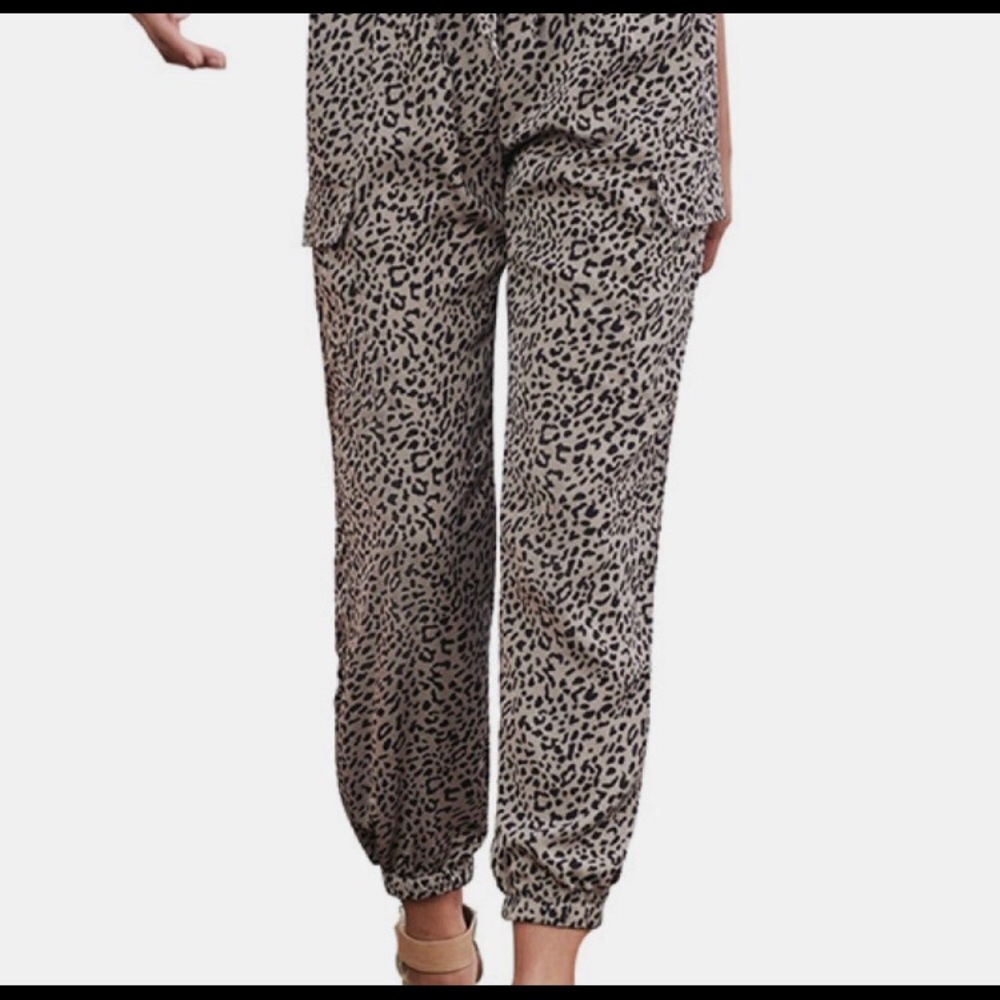 Leopard Print Tie Drawstring Pants - image 1